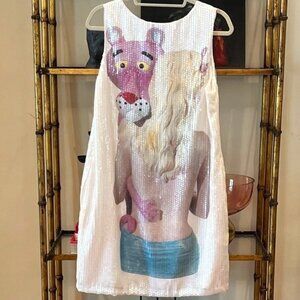 RARE Jeff Koons x Lisa Perry “Pink Panther” White Sequin Mod Dress -1988 Artwork